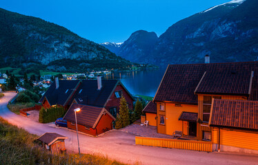 Norwegian Village at Blue Hour by the Fjord