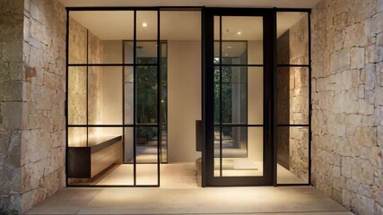 Sleek entryway featuring full-height sliding glass doors, soft lighting and smooth stone pathway - Powered by Adobe