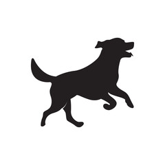 Happy running dog silhouette. Playful dog mid-stride, clean vector for logos or pet themes.