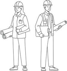 Line Art of Male and Female Engineers Holding Blueprints on Transparent Background