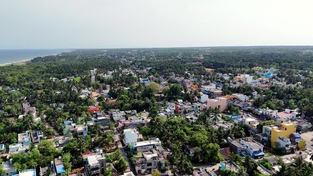 Aerial view of residential near to Pondicherry University, also known as PU, is a central research university located in Kalapet, Pondicherry in Union Territory of Puducherry, India Pondicherry Arch