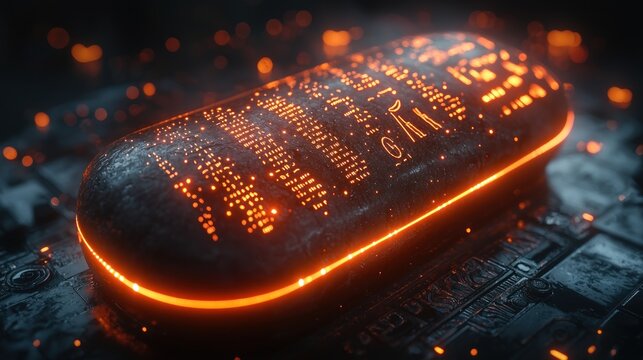Rosetta Stone replica, its three scripts replaced by: 1) Ancient hieroglyphs, 2) Binary code, 3) Evolving AI-generated universal visual language, textured stone with glowing script, isolated object.