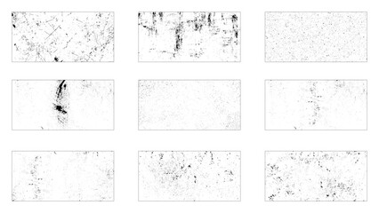 Grunge texture effect set. Distressed overlay rough textured. Abstract vintage monochrome. Black isolated on white background. 