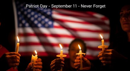 Solemn remembrance: People holding candles at vigil with American flag backdrop