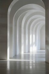 A series of white arches creating a tunnel-like corridor with soft lighting and reflections on the floor.
