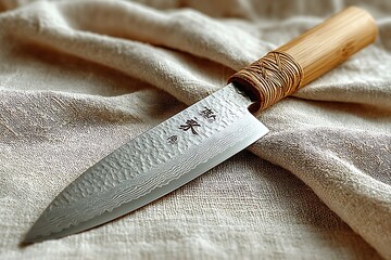 Authentic Japanese kitchen knife with wooden handle high resolution picture