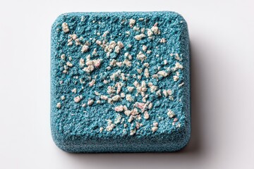 Square teal-blue sculpted object, speckled with small white and pink particles