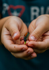 A pair of cupped hands holds a colorful caterpillar resting on a small green leaf, providing a safe and gentle place for the fascinating creature