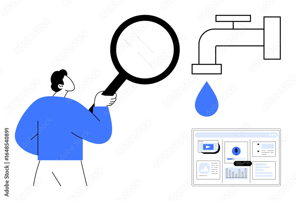 Aufkleber man inspects a water faucet emitting a drop using a magnifying glass beside a digital display panel.