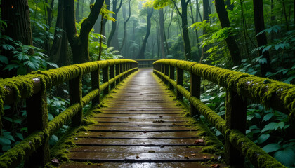 A moss-covered wooden bridge in a dense, green forest on a foggy day.