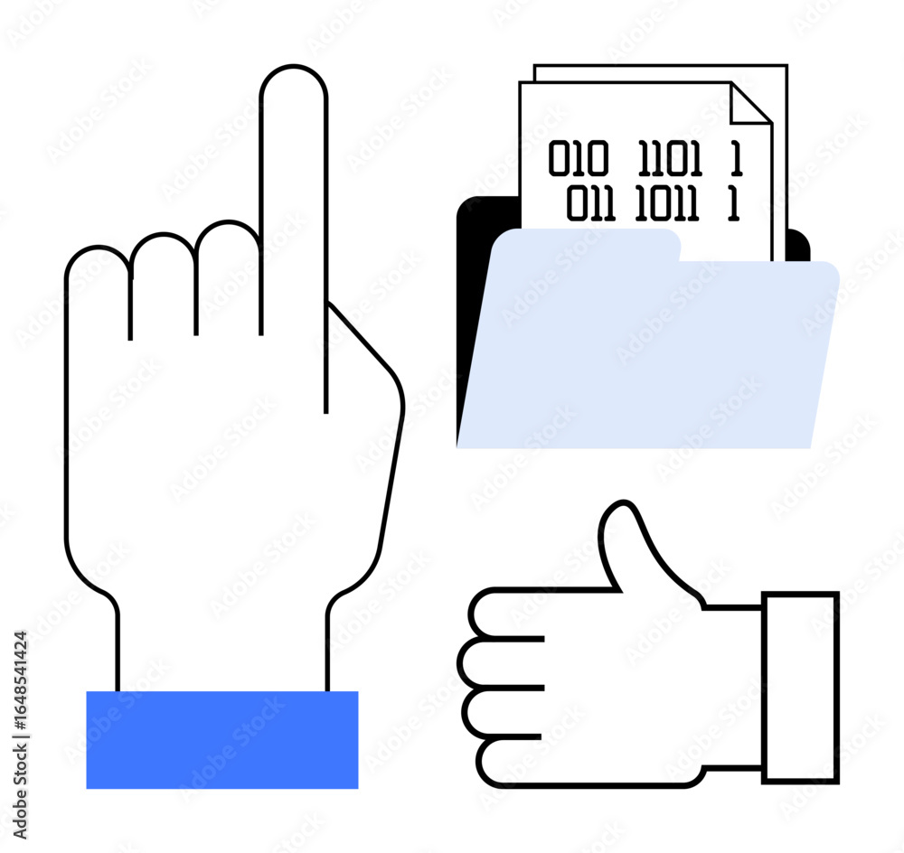 Poster hand pointing at binary data in folder and thumb-up gesture reflect data access, approval, and user 