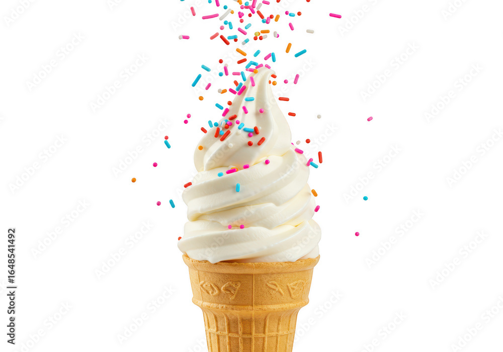 Poster vanilla soft serve ice cream cone with colorful sprinkles isolated on transparent background