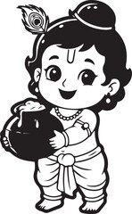 krishna silhouette vector Chibi Krishna with Peacock Feather | Black and White Line Drawing Cute Baby Krishna with Butter Pot | Black and White Hindu God