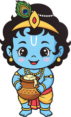 Adorable Baby Krishna with Butter Pot | Kawaii Hindu Deity Little God Krishna with Butter Pot Graphic | Cartoon Illustration Krishna as a Child Black and White | Hindu Mythology Art