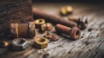 Rusty metal gears and bolts scattered on a wooden workbench, symbolizing mechanical wear and repair, industrial maintenance, and vintage machinery concepts.