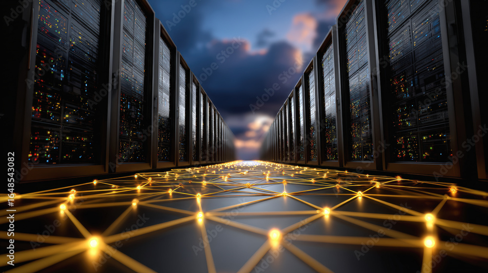 Poster futuristic data center with rows of servers illuminated by glowing network connections, symbolizing 