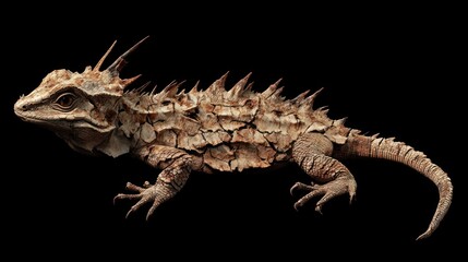 Naklejka premium Thorny Devil Lizard, its spines like tiny, sun-bleached desert bones, skin patterned like cracked earth, surreal skeletal desert texture, harsh Australian sun, isolated. 