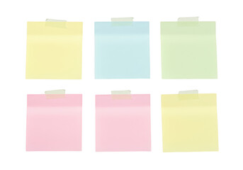 Six colorful sticky notes isolated on transparent background