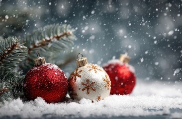 Festive Christmas ornaments in snow