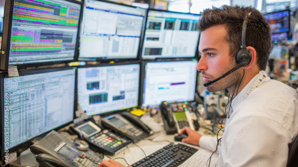 Poster trader working multiple computer screens, analyzing data and making decisions fast paced financial e