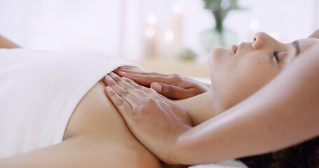 Hands, woman and chest massage at spa to relax muscles, lymphatic drainage or self care treatment....