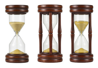 Three wooden hourglass timers isolated on transparent background