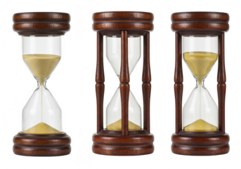 Three wooden hourglass timers isolated on transparent background