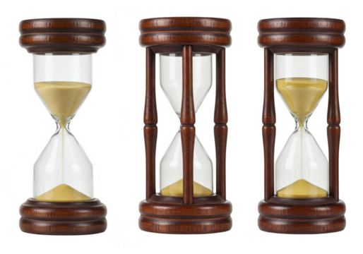 Three wooden hourglass timers isolated on transparent background