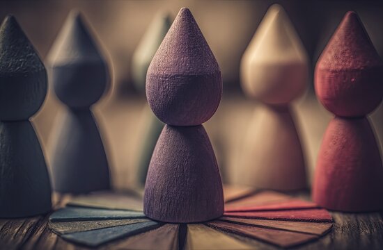 Wooden figurines in a circle, arranged around a color wheel - Powered by Adobe