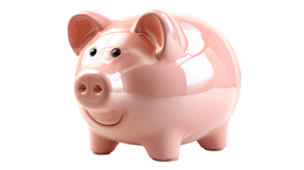 Glossy Pink Piggy Bank on White Isolated Background, cut out transparent