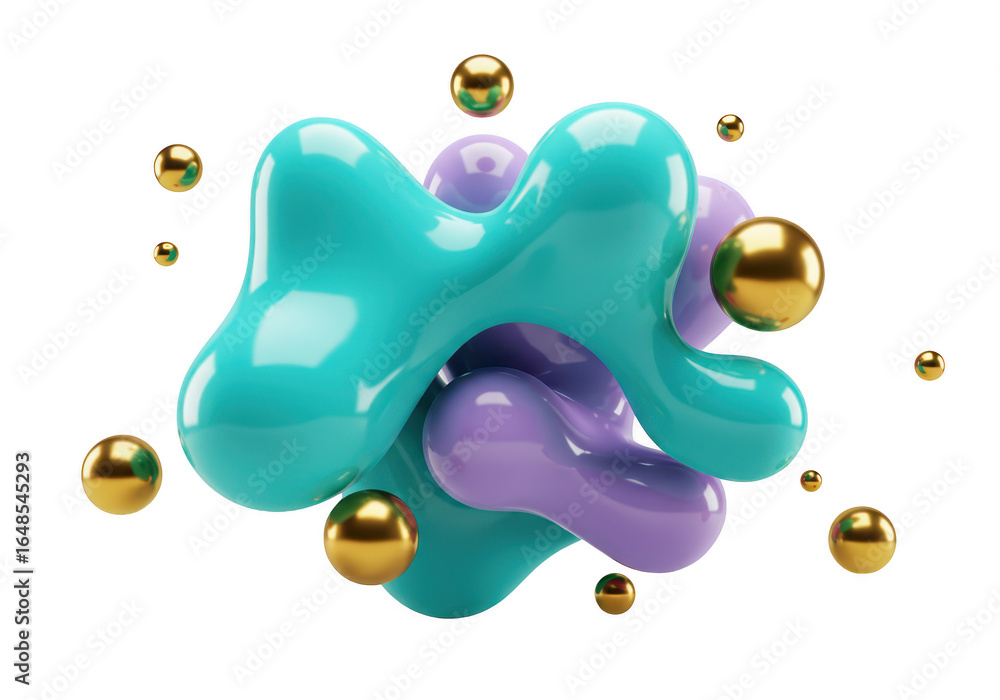 Poster abstract amorphous blue and purple blobs with gold spheres isolated on transparent background
