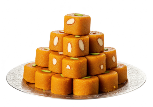 Pyramid of indian sweets on a silver plate isolated on transparent background