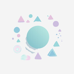 A vector design featuring soft geometric shapes like circles and triangles in pastel colors including mint, lilac, and baby blue, ideal for modern decor.