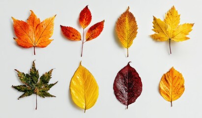 Fototapeta premium Autumn leaves arranged on a white surface