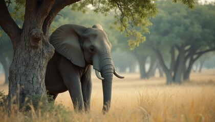 Solitary African elephant standing under a tree in savanna