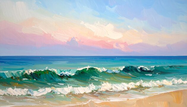 Seascape painting of a tranquil ocean scene at sunset, featuring gentle waves rolling onto a sandy shore under a pastel sky