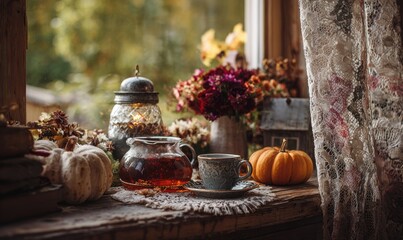 Autumnal windowsill scene with tea and flowers
