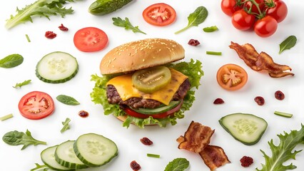Delicious Cheeseburger with Fresh Salad Ingredients and Bacon, Overhead View of a Burger with Deconstructed Toppings, A Mouthwatering Burger Surrounded by Fresh Vegetables, Classic Cheeseburger