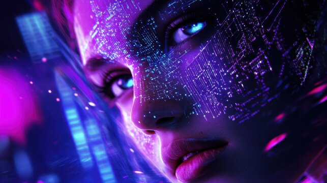 Young woman with circuitry projection on face in neon cityscape at night