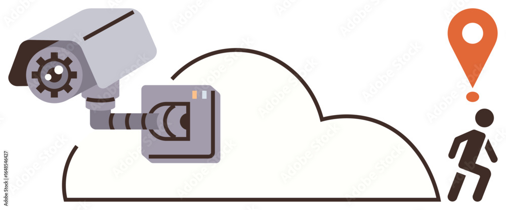 Poster security camera connected to cloud, marking person with location pin and alert signal. ideal for sur