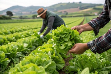 A man is holding a bunch of lettuce in a field