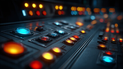 Futuristic control panel with illuminated red indicator lights in a dark environment