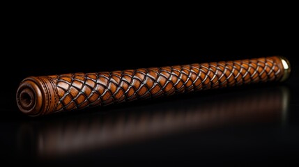 jockey's riding crop, leather surrealistically patterned like snakeskin that subtly shifts colors, dramatic racetrack lighting, isolated object. 