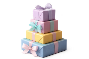 Obraz premium Pastel gift boxes neatly stacked, adorned with satin ribbons, presenting celebratory gift-giving mood on clean transparent surface