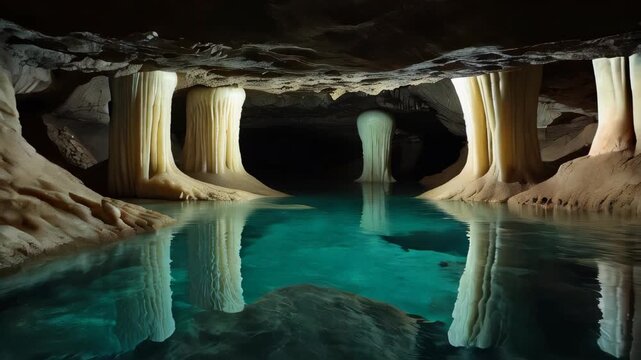 video of Underground cave chamber featuring stalactites and a mirror-like reflective pool	