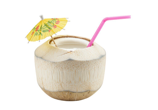 Tropical coconut drink with straw and umbrella isolated on transparent background