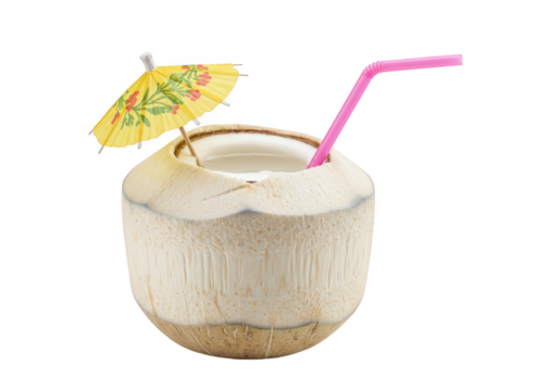 Tropical coconut drink with straw and umbrella isolated on transparent background