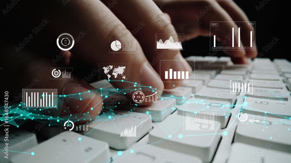 Aufkleber a close-up view of hands typing on a keyboard surrounded by digital analytics overlays showcasing va