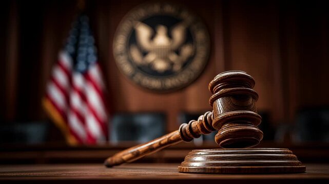 Wooden Gavel on Desk in Courtroom Symbolizes Justice and Authority with American Flag in Background, Emphasizing Legal Principles and Integrity