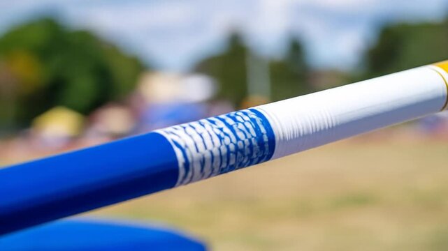 Blue White and Yellow Pole Vaulting Pole Against Blurred Green Trees and Blue Sky on A Sunny Day for Sporting Event
